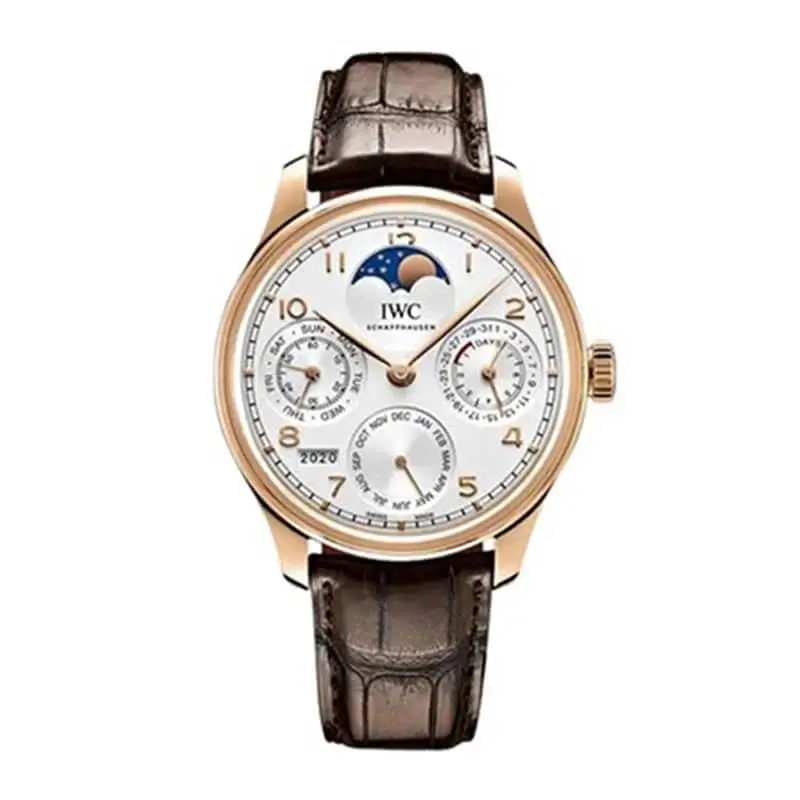 IWC Schaffhausen men's mechanical watch, stainless steel case, alligator leather strap, moon phase display, multi-functional complex wristwatch